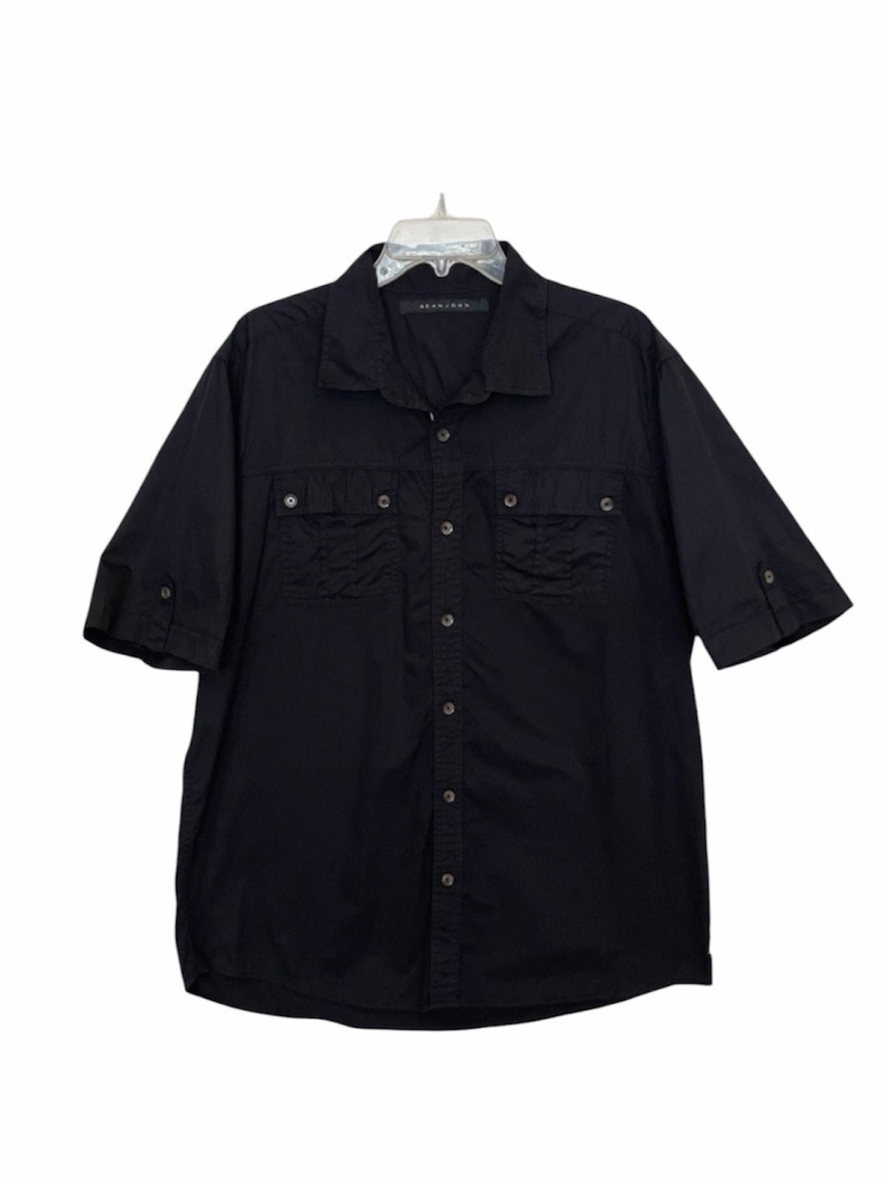 Sean John Black Utility Button Up Shirt XL 100% Cotton Short Sleeve Casual